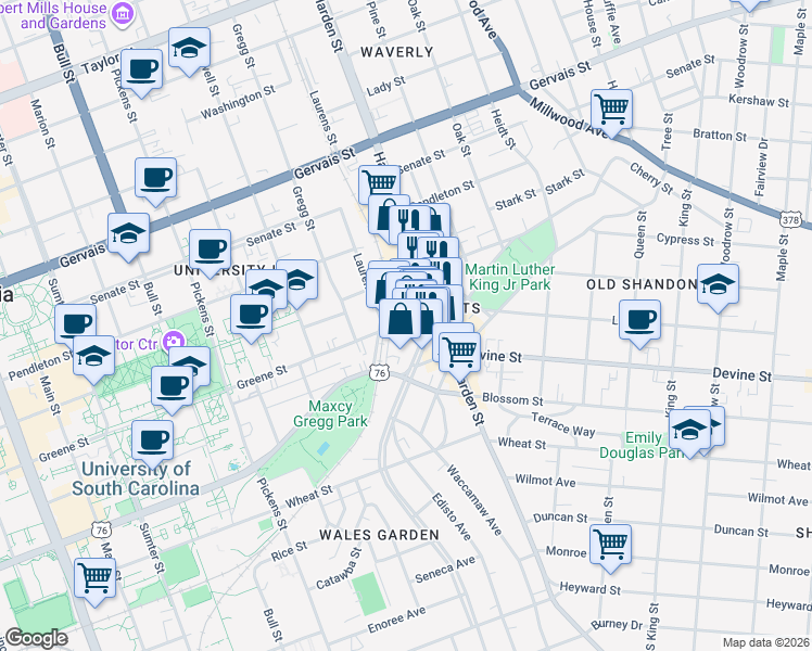 map of restaurants, bars, coffee shops, grocery stores, and more near 2009 Greene Street in Columbia