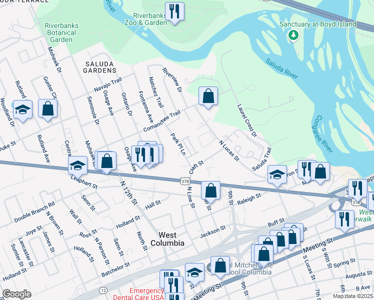 map of restaurants, bars, coffee shops, grocery stores, and more near 800 North Lucas Street in Columbia
