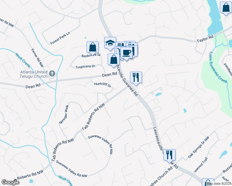 map of restaurants, bars, coffee shops, grocery stores, and more near 1930 Huntcliff Drive in Lawrenceville