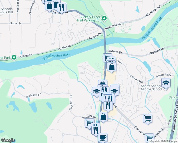 map of restaurants, bars, coffee shops, grocery stores, and more near 825 Huntcliff Village Court in Atlanta