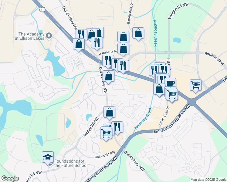 map of restaurants, bars, coffee shops, grocery stores, and more near 1519 Dolcetto Trace in Kennesaw