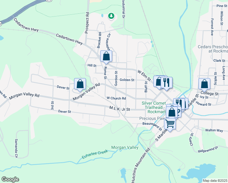 map of restaurants, bars, coffee shops, grocery stores, and more near 319 Gordon Street in Rockmart