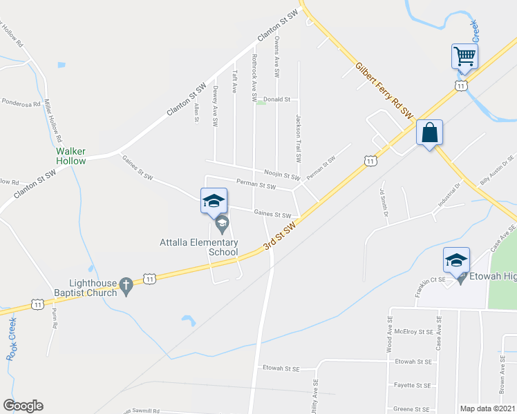 map of restaurants, bars, coffee shops, grocery stores, and more near 411 Rothrock Avenue Southwest in Attalla