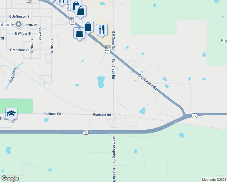 map of restaurants, bars, coffee shops, grocery stores, and more near Salt Creek Road in Hugo
