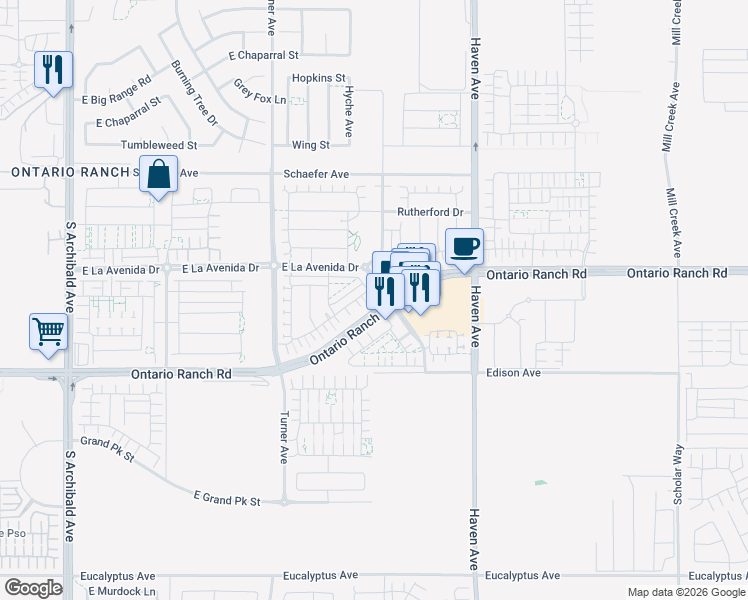 map of restaurants, bars, coffee shops, grocery stores, and more near 3290 East Yountville Drive in Ontario