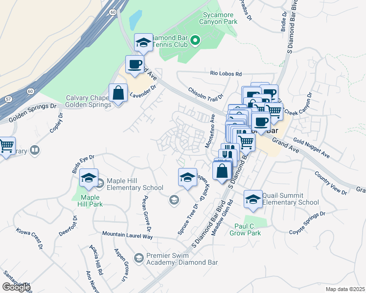 map of restaurants, bars, coffee shops, grocery stores, and more near 22955 Estoril Drive in Diamond Bar