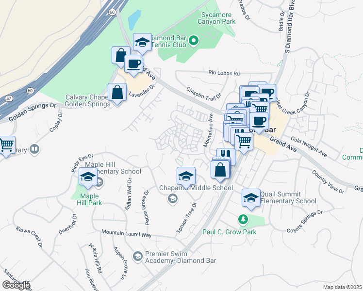 map of restaurants, bars, coffee shops, grocery stores, and more near 22905 Estoril Drive in Diamond Bar
