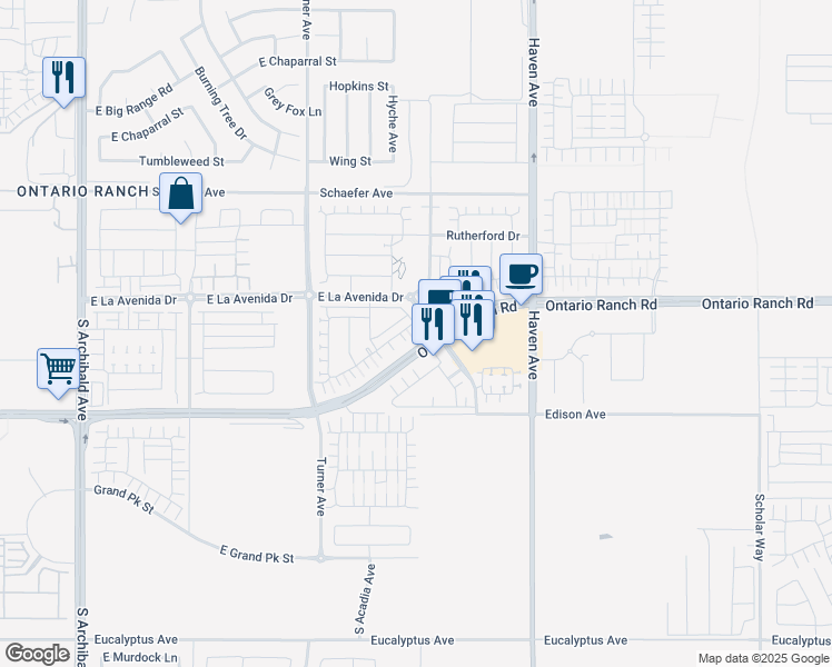 map of restaurants, bars, coffee shops, grocery stores, and more near 4040 New Haven Drive in Ontario
