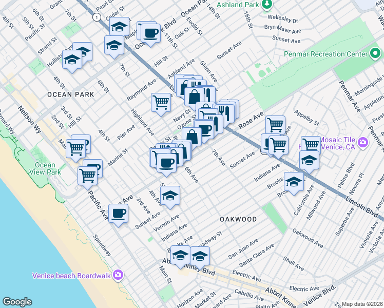map of restaurants, bars, coffee shops, grocery stores, and more near 237 Bernard Avenue in Los Angeles