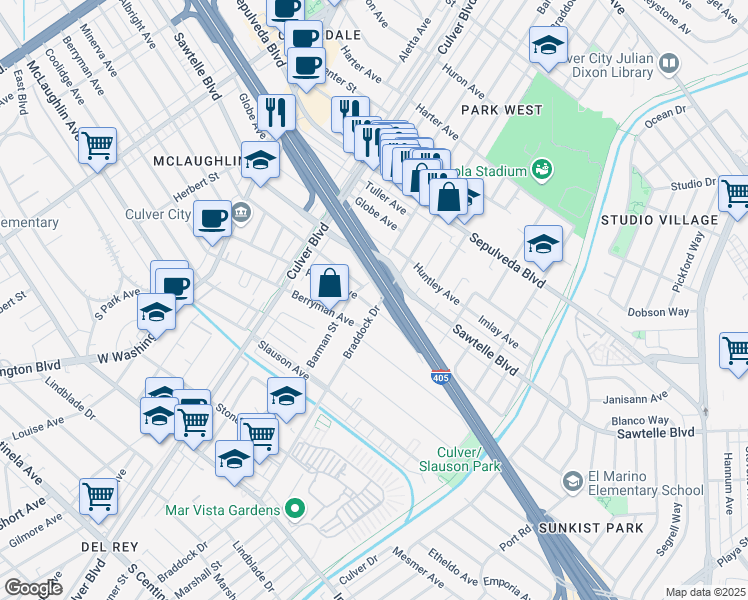 map of restaurants, bars, coffee shops, grocery stores, and more near 11333 Braddock Drive in Los Angeles