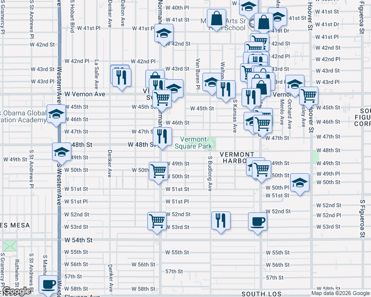 map of restaurants, bars, coffee shops, grocery stores, and more near 4239 South Raymond Avenue in Los Angeles