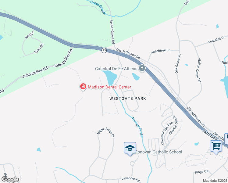 map of restaurants, bars, coffee shops, grocery stores, and more near 425 Lakeland Drive in Athens