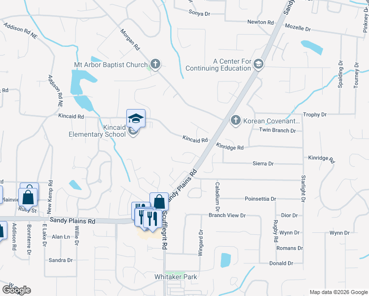 map of restaurants, bars, coffee shops, grocery stores, and more near 2103 Bungalow Park Drive in Marietta