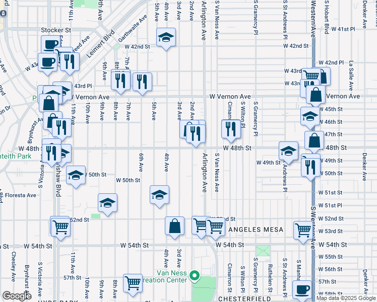 map of restaurants, bars, coffee shops, grocery stores, and more near 4801 2nd Avenue in Los Angeles