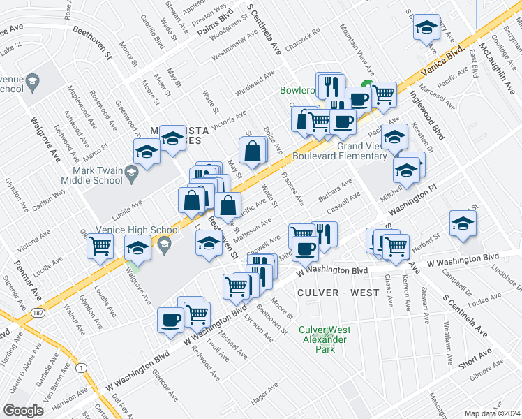map of restaurants, bars, coffee shops, grocery stores, and more near 12726 Pacific Avenue in Los Angeles