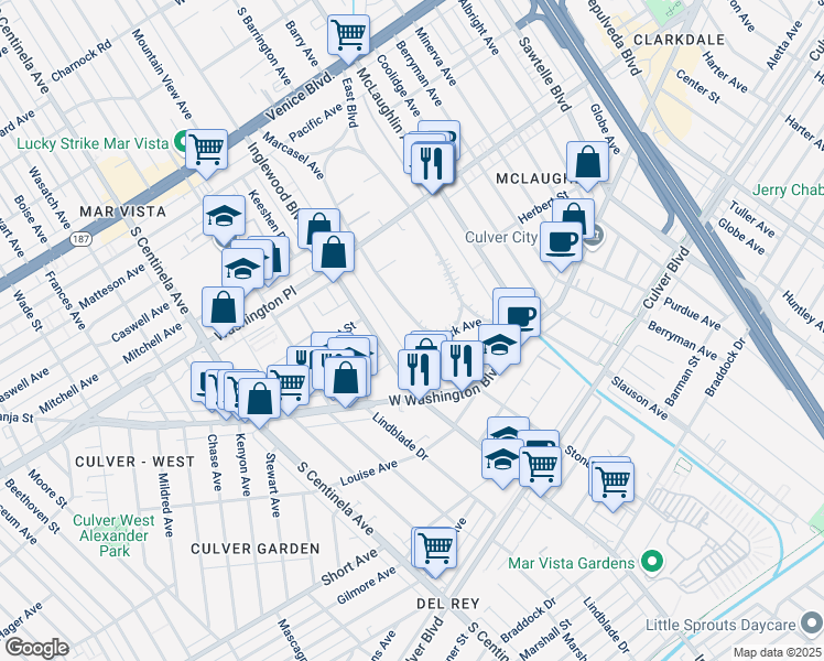 map of restaurants, bars, coffee shops, grocery stores, and more near 4147 Marcasel Avenue in Los Angeles