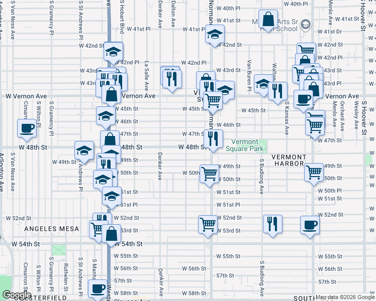 map of restaurants, bars, coffee shops, grocery stores, and more near 1453 West 48th Street in Los Angeles