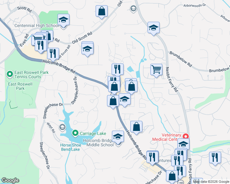 map of restaurants, bars, coffee shops, grocery stores, and more near 2622 Holcomb Bridge Road in Alpharetta