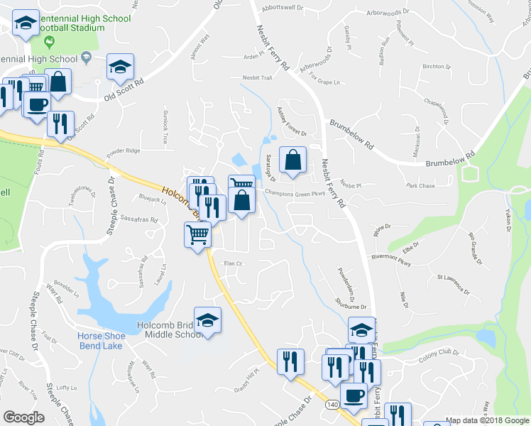 map of restaurants, bars, coffee shops, grocery stores, and more near 216 Buckland Drive in Alpharetta