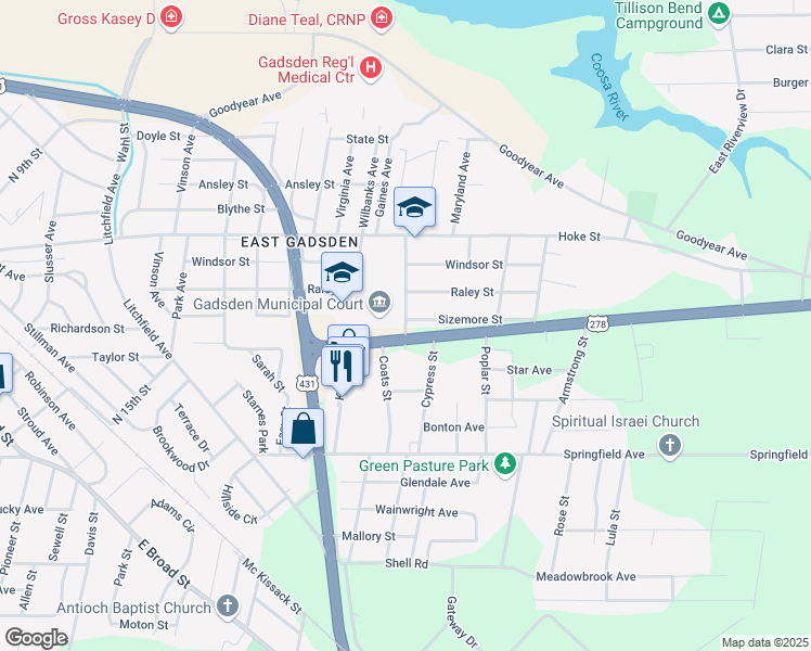 map of restaurants, bars, coffee shops, grocery stores, and more near 1515 Campbell Avenue in Gadsden
