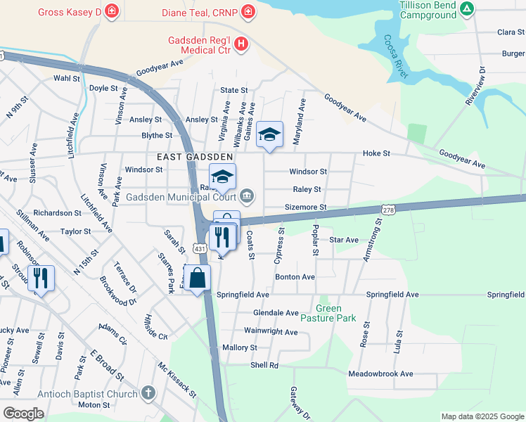 map of restaurants, bars, coffee shops, grocery stores, and more near 1515 Campbell Avenue in Gadsden