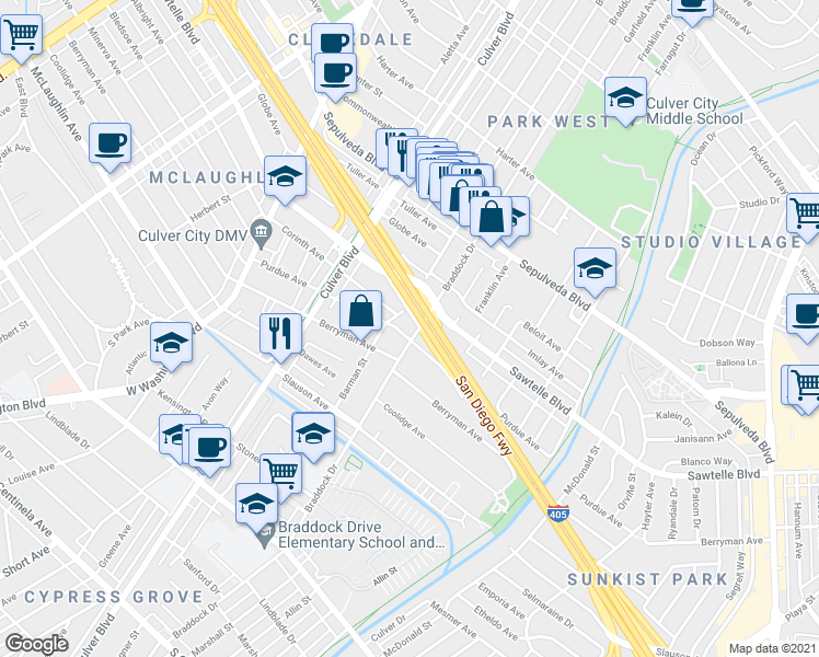 map of restaurants, bars, coffee shops, grocery stores, and more near 11333 Braddock Drive in Los Angeles