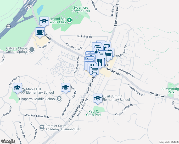 map of restaurants, bars, coffee shops, grocery stores, and more near 1245 South Diamond Bar Boulevard in Diamond Bar