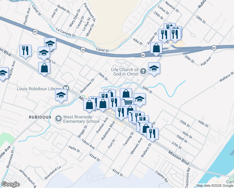 map of restaurants, bars, coffee shops, grocery stores, and more near 3634 Pioneer Drive in Riverside