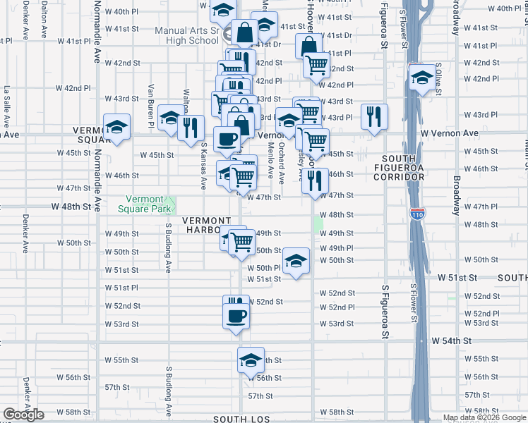 map of restaurants, bars, coffee shops, grocery stores, and more near 927 West 48th Street in Los Angeles