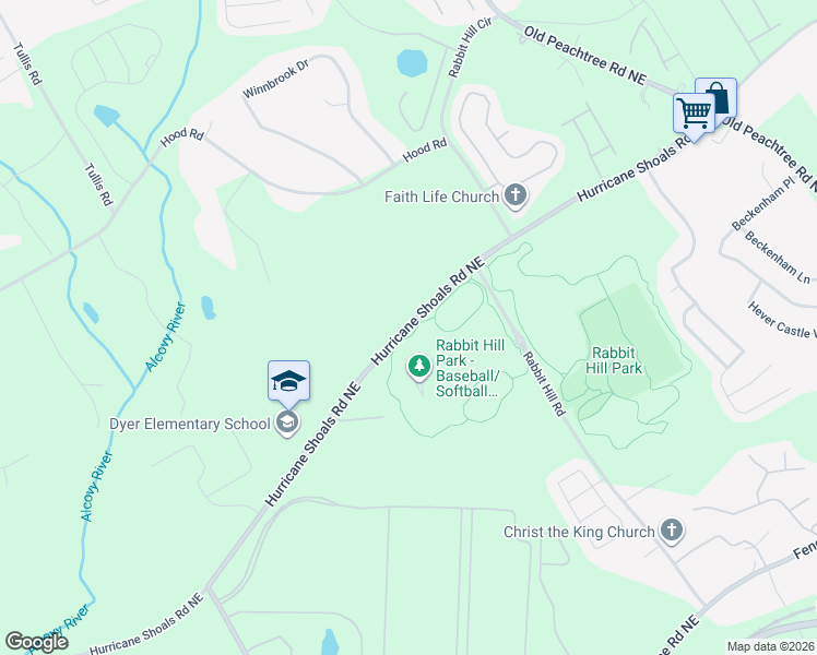 map of restaurants, bars, coffee shops, grocery stores, and more near 1752 Hurricane Shoals Road Northeast in Dacula