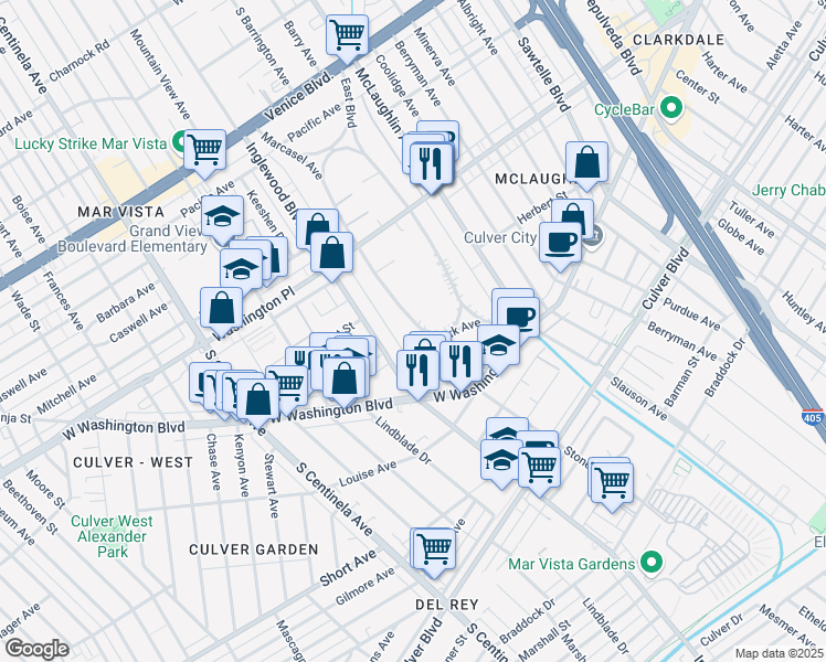 map of restaurants, bars, coffee shops, grocery stores, and more near 4147 Marcasel Avenue in Los Angeles