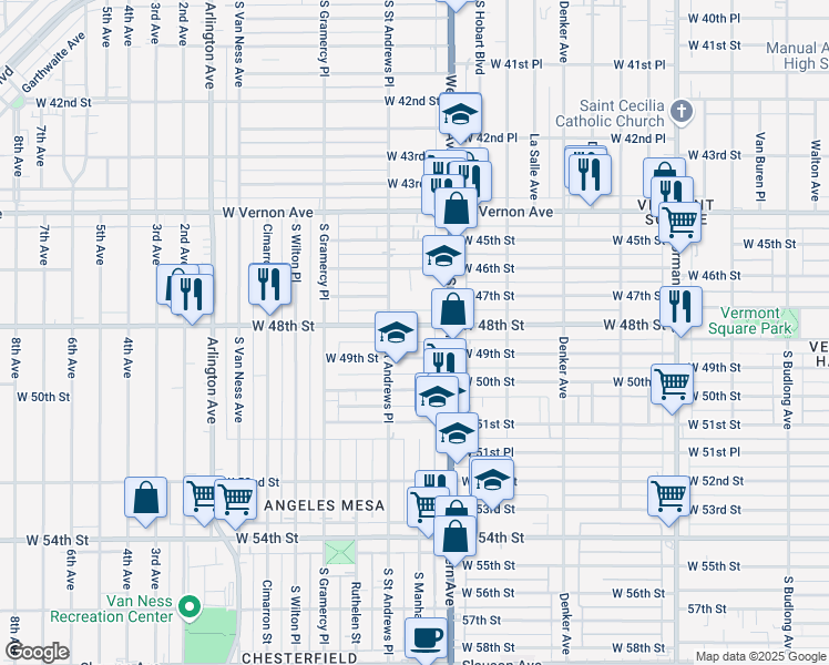 map of restaurants, bars, coffee shops, grocery stores, and more near 1738 West 48th Street in Los Angeles