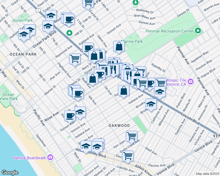 map of restaurants, bars, coffee shops, grocery stores, and more near 709 Flower Avenue in Los Angeles
