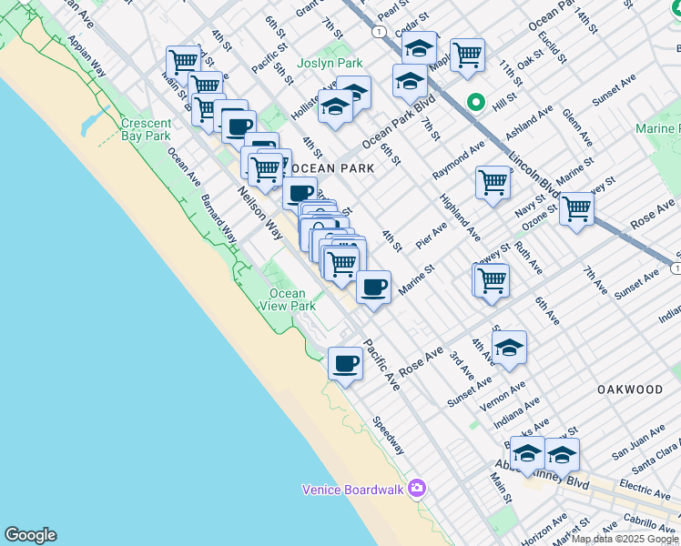 map of restaurants, bars, coffee shops, grocery stores, and more near 2823 2nd Street in Santa Monica