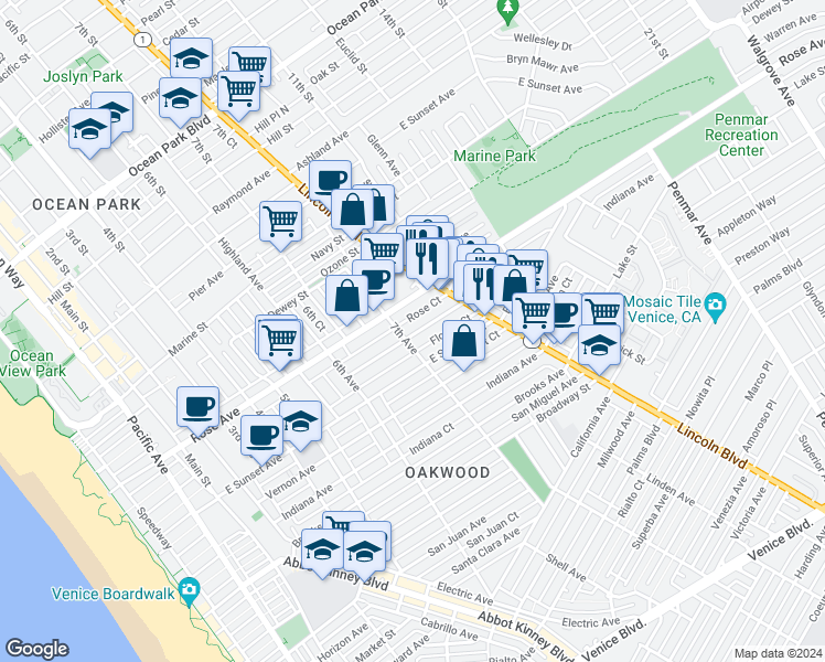 map of restaurants, bars, coffee shops, grocery stores, and more near 709 Flower Avenue in Los Angeles