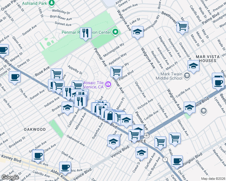 map of restaurants, bars, coffee shops, grocery stores, and more near 1121 Nowita Place in Los Angeles