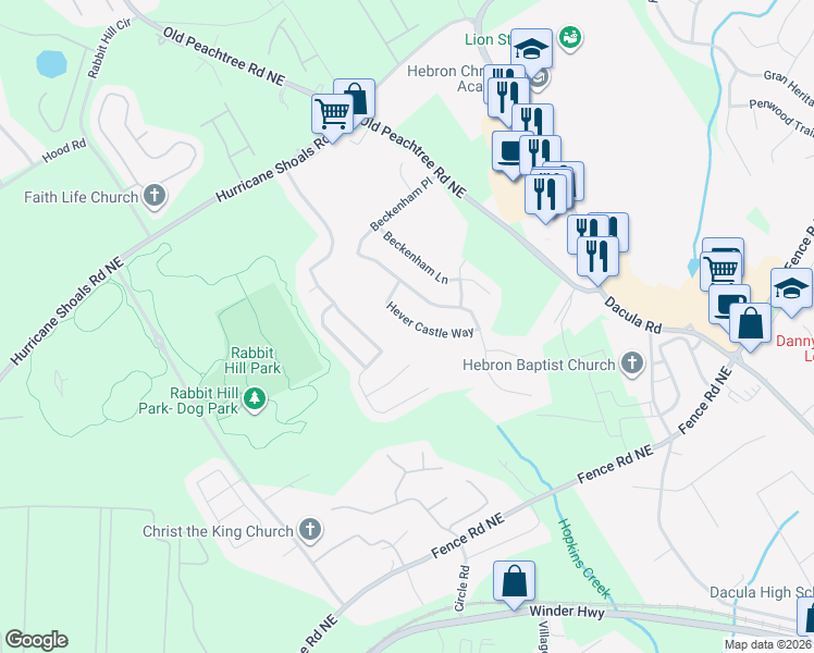 map of restaurants, bars, coffee shops, grocery stores, and more near 406 Hever Castle Way in Dacula