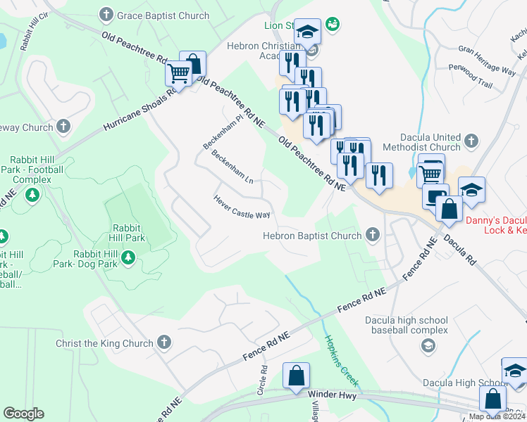 map of restaurants, bars, coffee shops, grocery stores, and more near 313 Hever Castle Way in Dacula