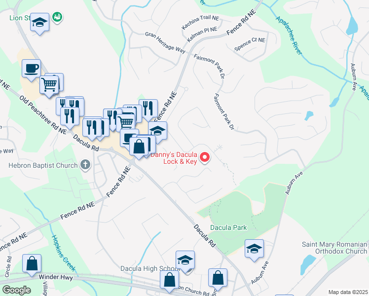 map of restaurants, bars, coffee shops, grocery stores, and more near 2558-2566 Fence Road Northeast in Dacula