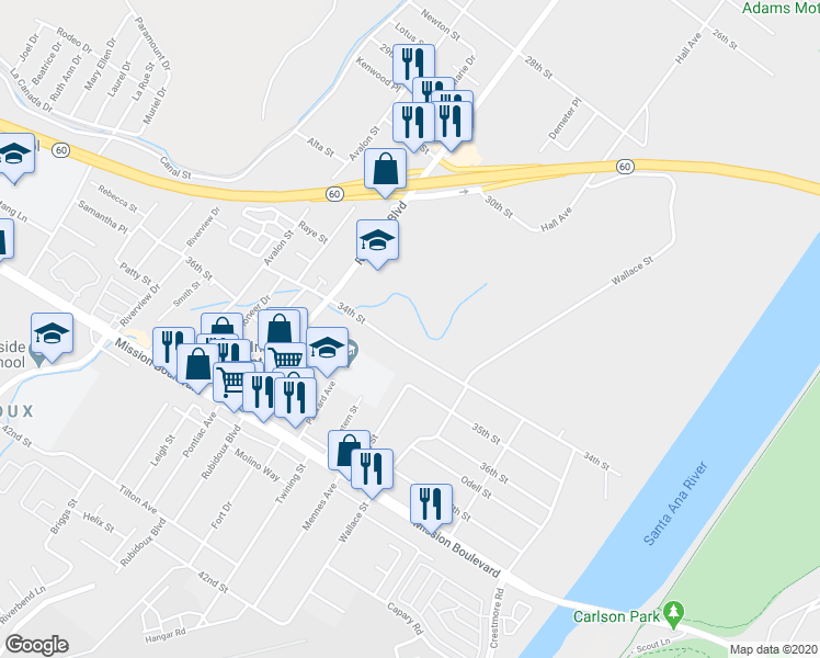 map of restaurants, bars, coffee shops, grocery stores, and more near 5479 34th Street in Riverside