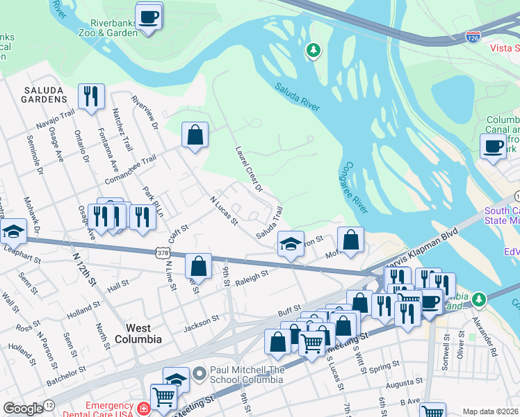map of restaurants, bars, coffee shops, grocery stores, and more near 100 Riverbend Drive in West Columbia