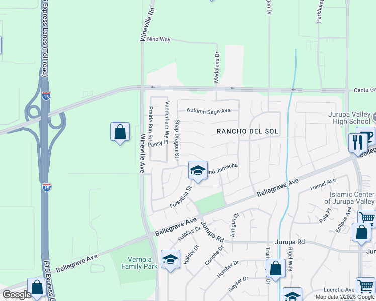 map of restaurants, bars, coffee shops, grocery stores, and more near 11663 Bluebeard Court in Jurupa Valley