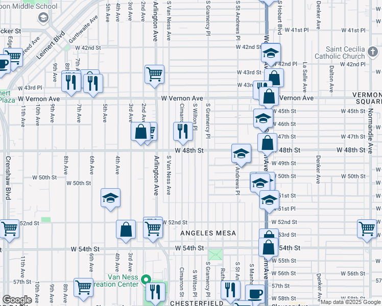 map of restaurants, bars, coffee shops, grocery stores, and more near 1952 West 48th Street in Los Angeles