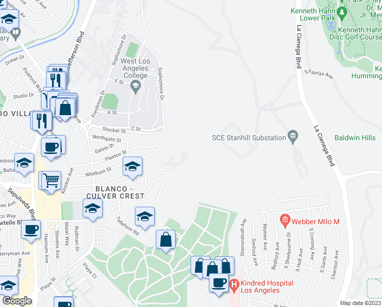 map of restaurants, bars, coffee shops, grocery stores, and more near 10664 St James Dr in Culver City