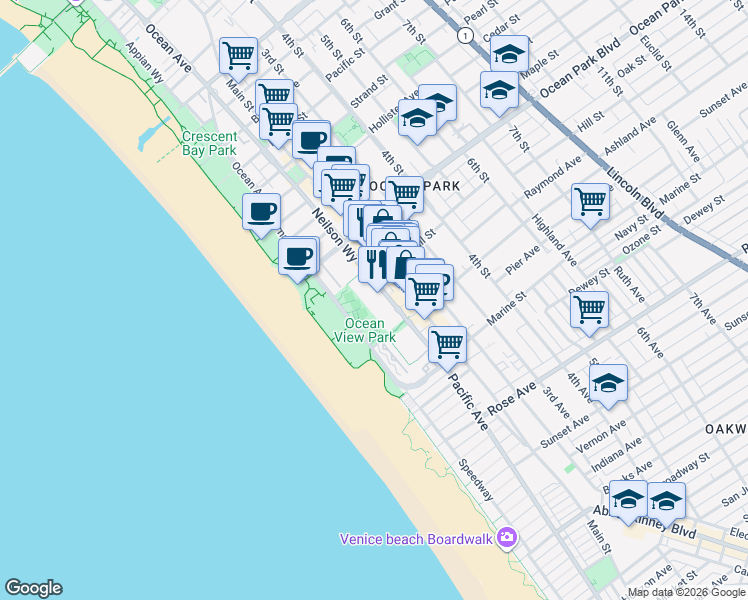 map of restaurants, bars, coffee shops, grocery stores, and more near 2700 Neilson Way in Santa Monica