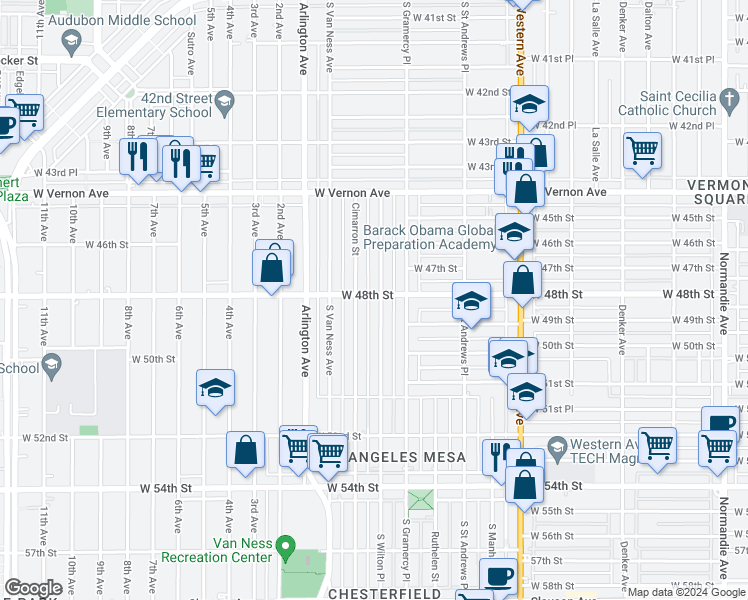 map of restaurants, bars, coffee shops, grocery stores, and more near 1952 West 48th Street in Los Angeles