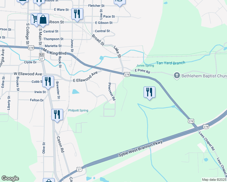 map of restaurants, bars, coffee shops, grocery stores, and more near 98 Bryant Circle in Cedartown