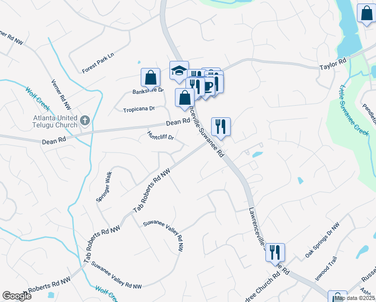 map of restaurants, bars, coffee shops, grocery stores, and more near 1930 Huntcliff Drive in Lawrenceville