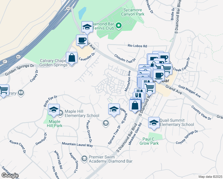 map of restaurants, bars, coffee shops, grocery stores, and more near 22955 Estoril Drive in Diamond Bar