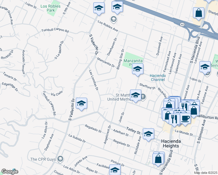 map of restaurants, bars, coffee shops, grocery stores, and more near 15350 Shefford Street in Hacienda Heights